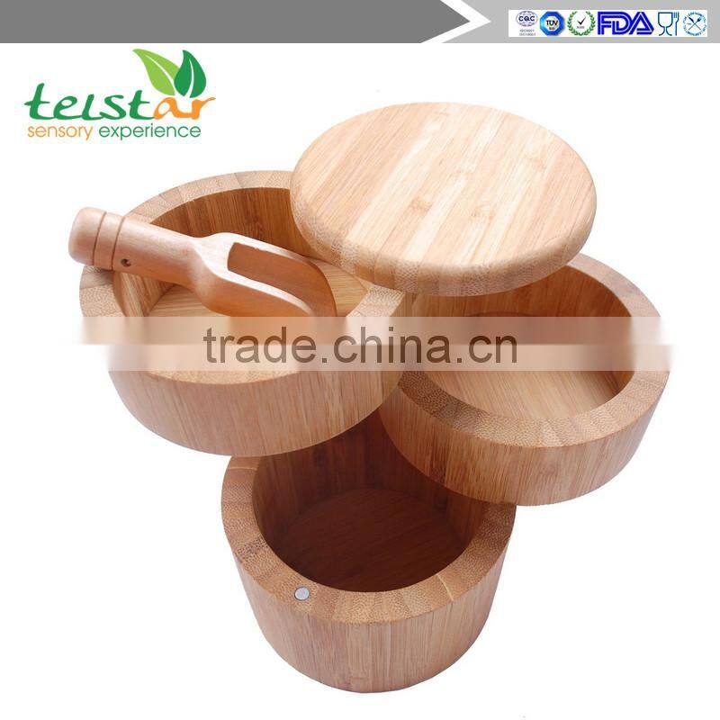 Bamboo 3-Tiered Seasoning Spice Salt Storage Box With Removable Rotating Magnetic Lid