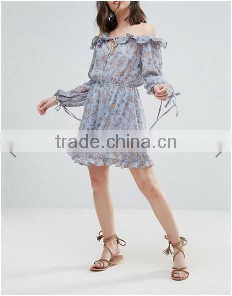 Summer Dress Clothes Women Long Sleeve Multicolor Floral Print Chiffon Short Dress
