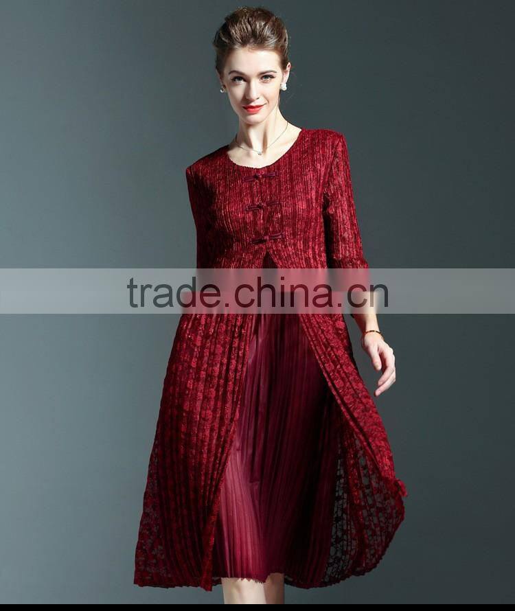 Chinoiserie ladies pleat fake two pieces lace spliced dress