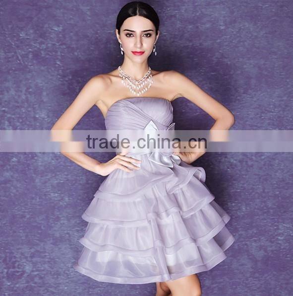 latest short knee length organza night purple evening dress