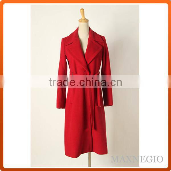 High qualtiy big lapel long belted camel wool coat