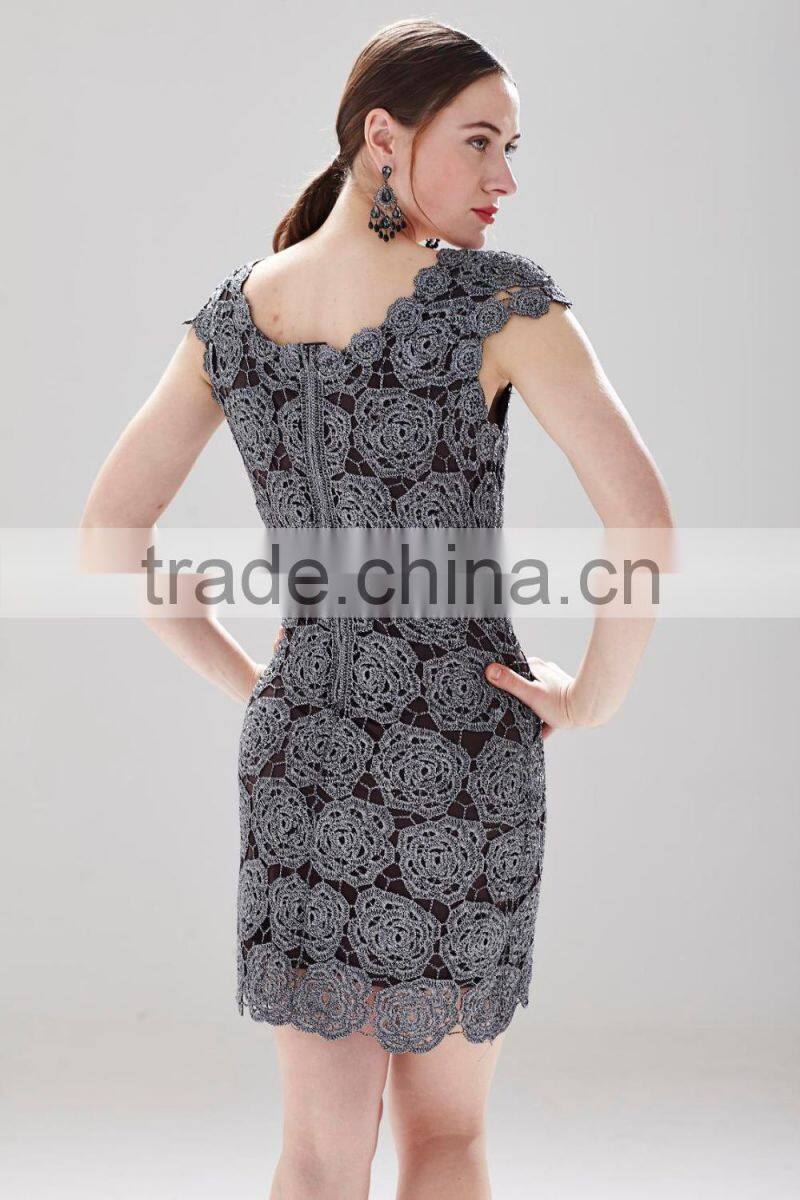 Short Sleeve Flower Cut-out Metallic Effect Ladies Slim Body Crochet Dress SR- D782