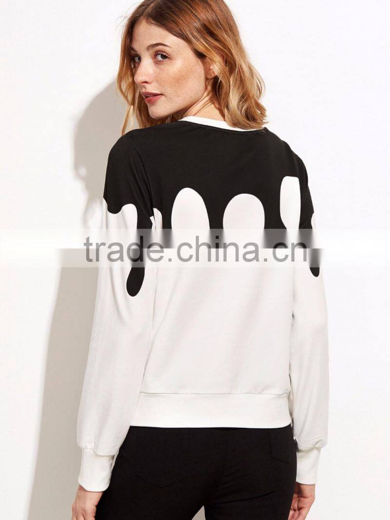 2017 Fashion Womem Print Sweatshirt White Contrast Ink Drop Cotton Blends Custom Private Logo Printed Sweatshirt Manufacturer