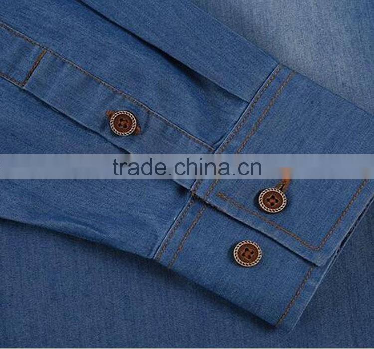 Casual long sleeve slim fit button denim shirts with pockets