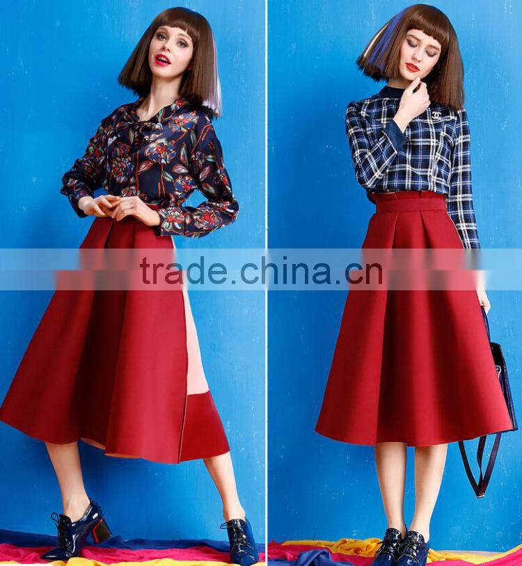 2015 winter hot sale womens A-Line High Waist patchwork long skirt