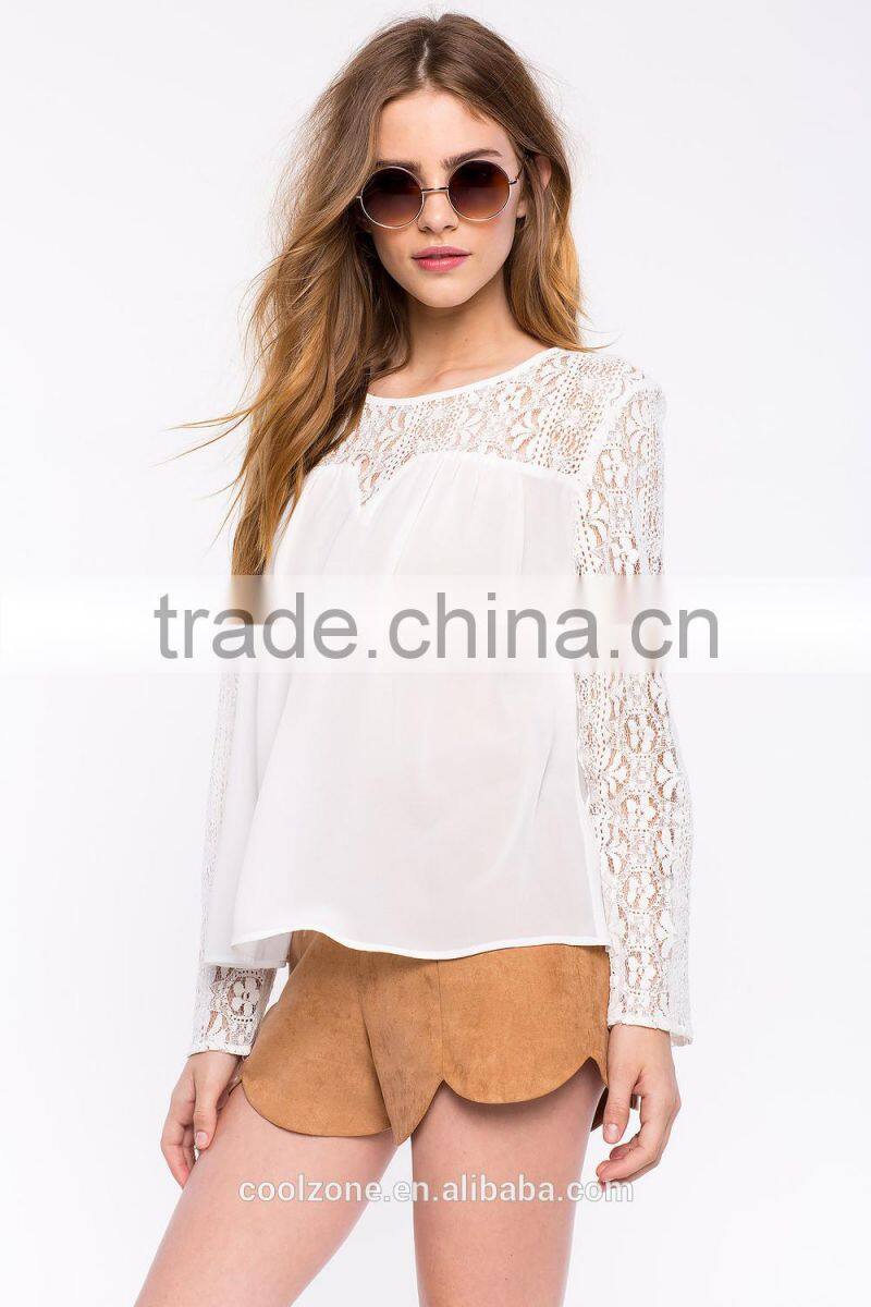 Contrast solid body sweetheat hem white lace blouse,women crocheted blouses