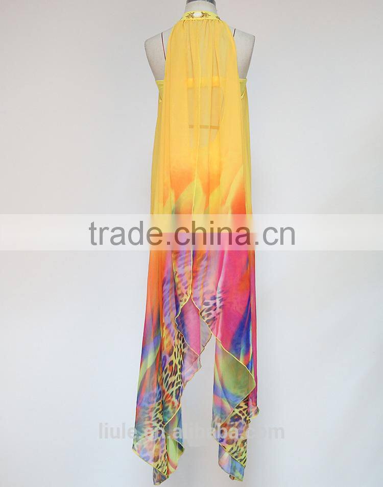 nail beaded cardigan loose assorted colors printing irregular hem sleeveless chiffon cloak for women