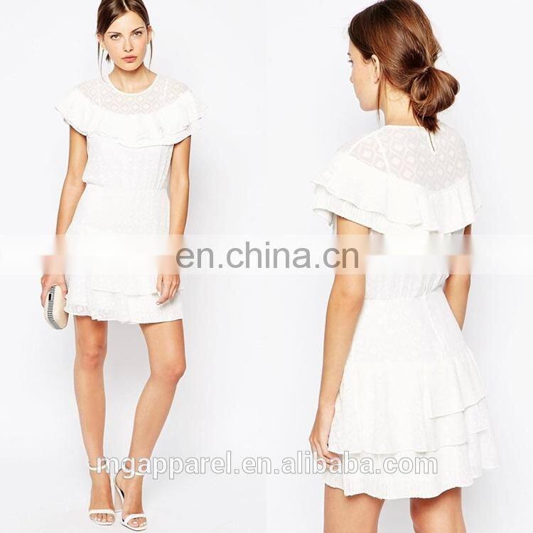OEM wholesale 100% Polyester cap sleeve white lace cocktai dress