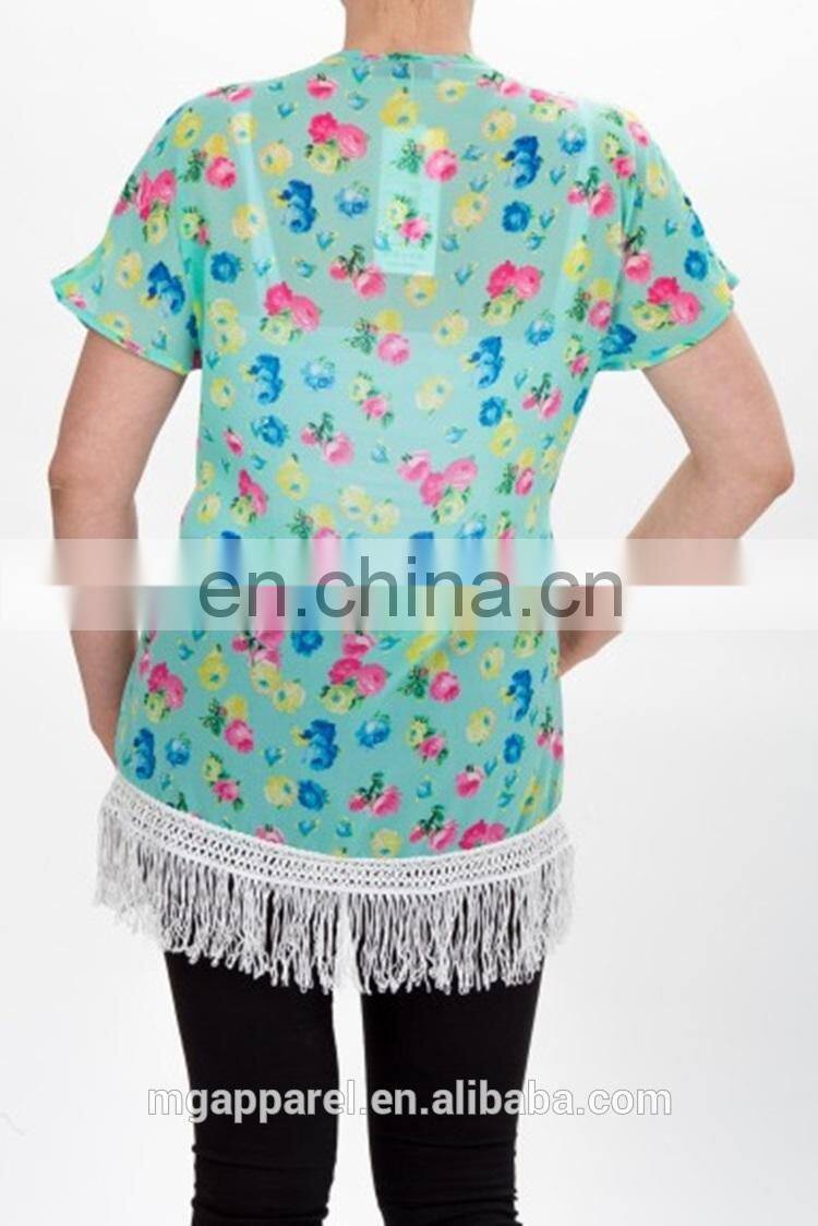 Cheap wholesale floral print no buttons sheer chiffon ladies vest with fringe