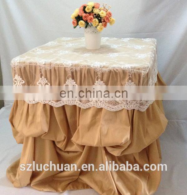 Champagne Satin and Lace Banquet Gathered Table Skirts