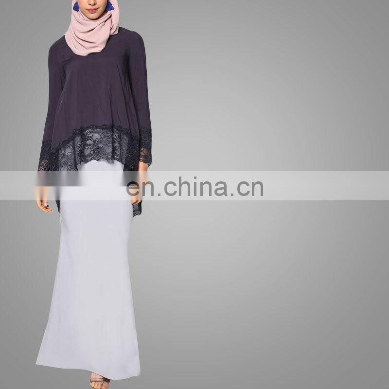 2017 New Fashion Silk Satin Material Women Long Sleeve Blouse Islamic O Neck Tunic With Black Lace Casual Muslim Top