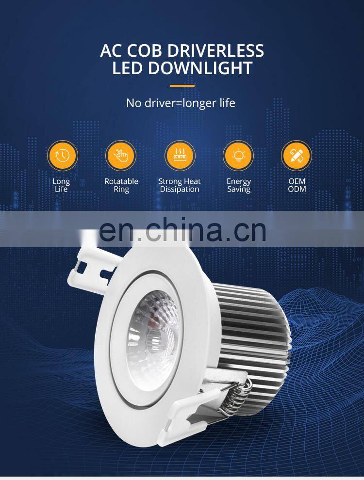 Brimax hole size cutout 70mm 38 / 60 degree recessed mounting 6W AC input COB chip driverless rotatable dimmable led downlight