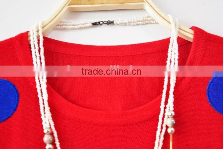Red Lady Dots Embroidery Knitted Sweater O-Neck Women Sweaters