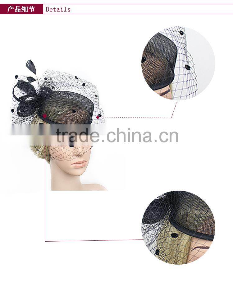 New Design Fashion Fascinator Birdcage Veil Sinamay Plain Church hat With Feather