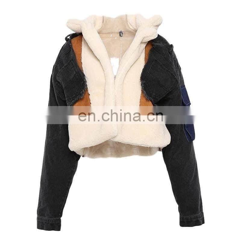 Custom LOGO High Quality denim windbreaker jacket lined with fleece coats wool jackets With Patches For Women's coat