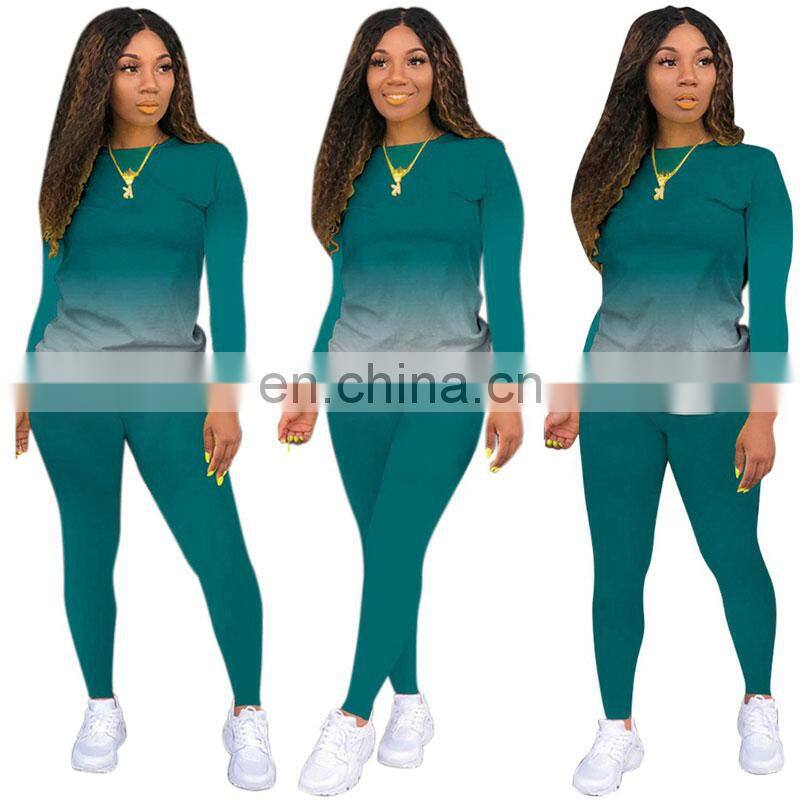 Wholesale custom autumn and winter women's new gradient round neck long-sleeved home casual sports suit jogging stacking pants