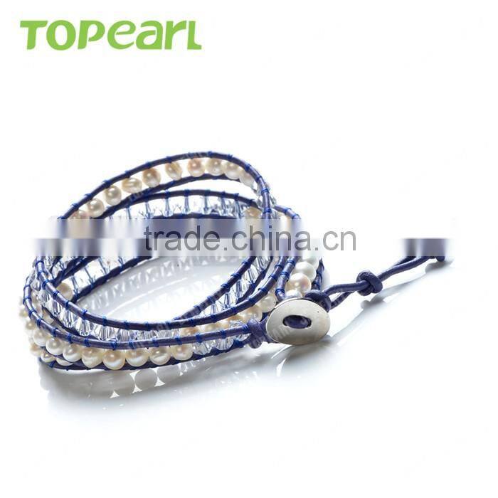 Topearl Jewelry 2016 Potato White Freshwater Pearl and Crystal Bracelet Woven Leather Wrap Girls Fancy Bracelets CLL167