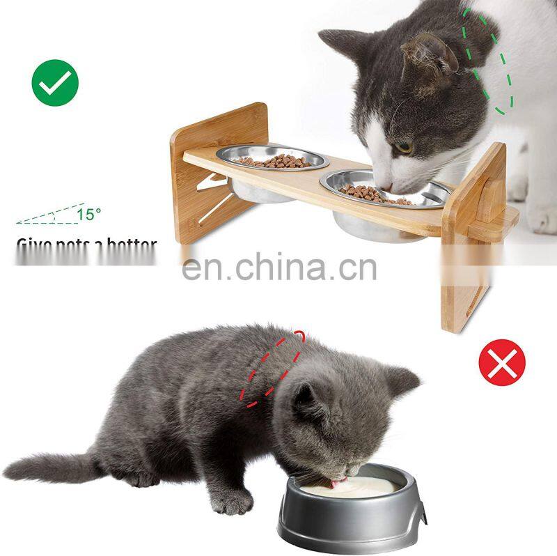 Adjustable Bamboo Raised Pet Bowl Elevated Dog Cat Food and Water Bowls Stand Feeder Poultry Feeder with Stainless Steel Bowls