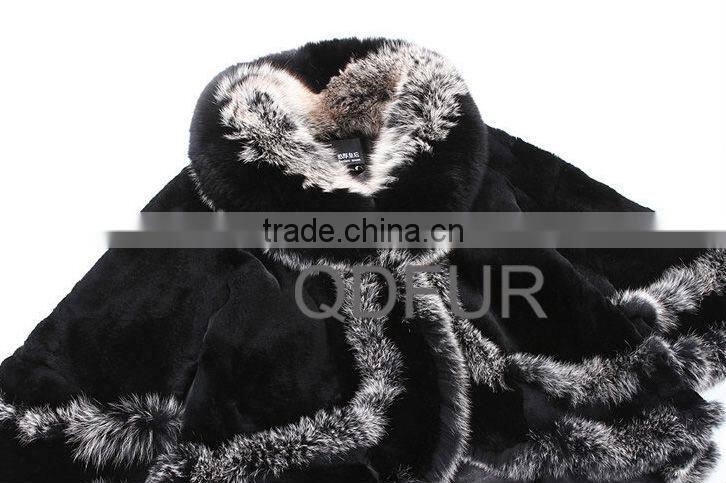 QD28040 Hot Selling Girl Women Lovely Fashion Rex Rabbit Fur Shawl with Silver Fox Fur Trim