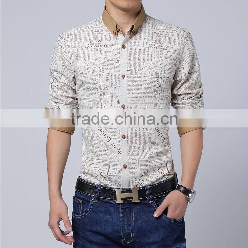 European Style Coffee Button English Words Printed Men Long Shirt