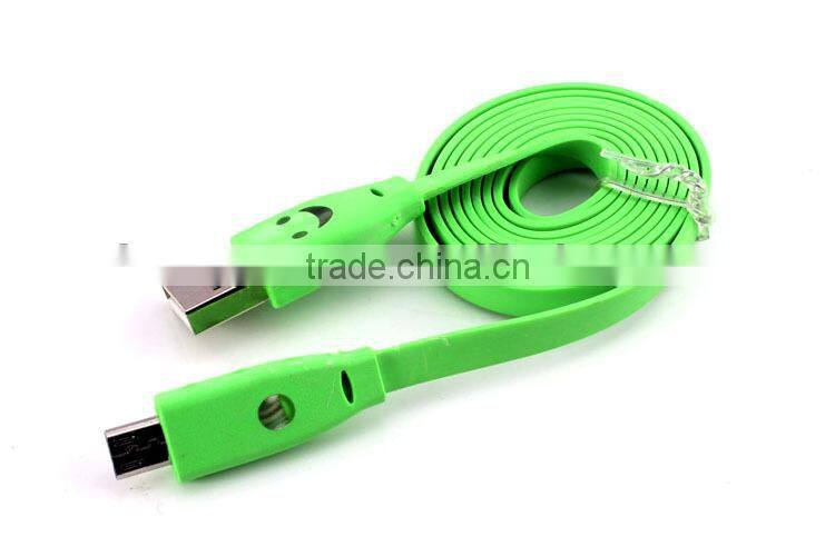 Hot sales flat noodle micro led smile face usb rope data charging cable