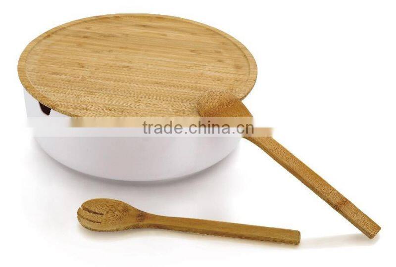 2016 Wholesale Kitchenware eco-friendly Plastic Salad Bowl with bamboo spoon