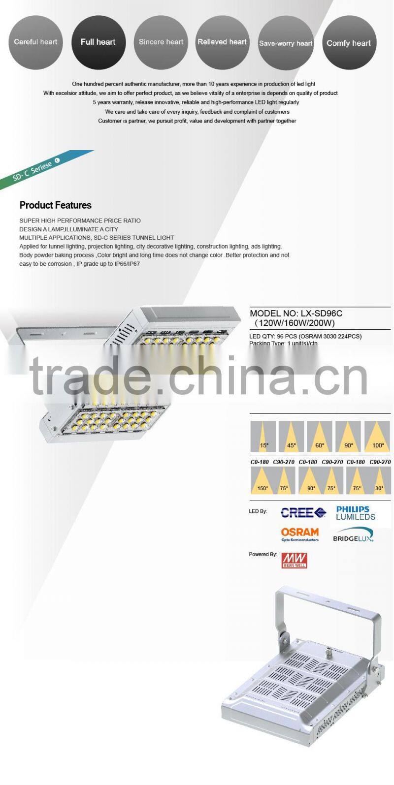 Meanwell Driver Different Beam Angle Modular Design Adjustable Bracket CE Rohs 100-140lm/W 120W LED Tunnel Light