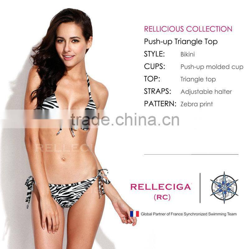 2016 RELLECIGA Zebra Print Push-up Triangle Top Swimwear with Adjustable Halter Strap & Brazilian Cut Scr