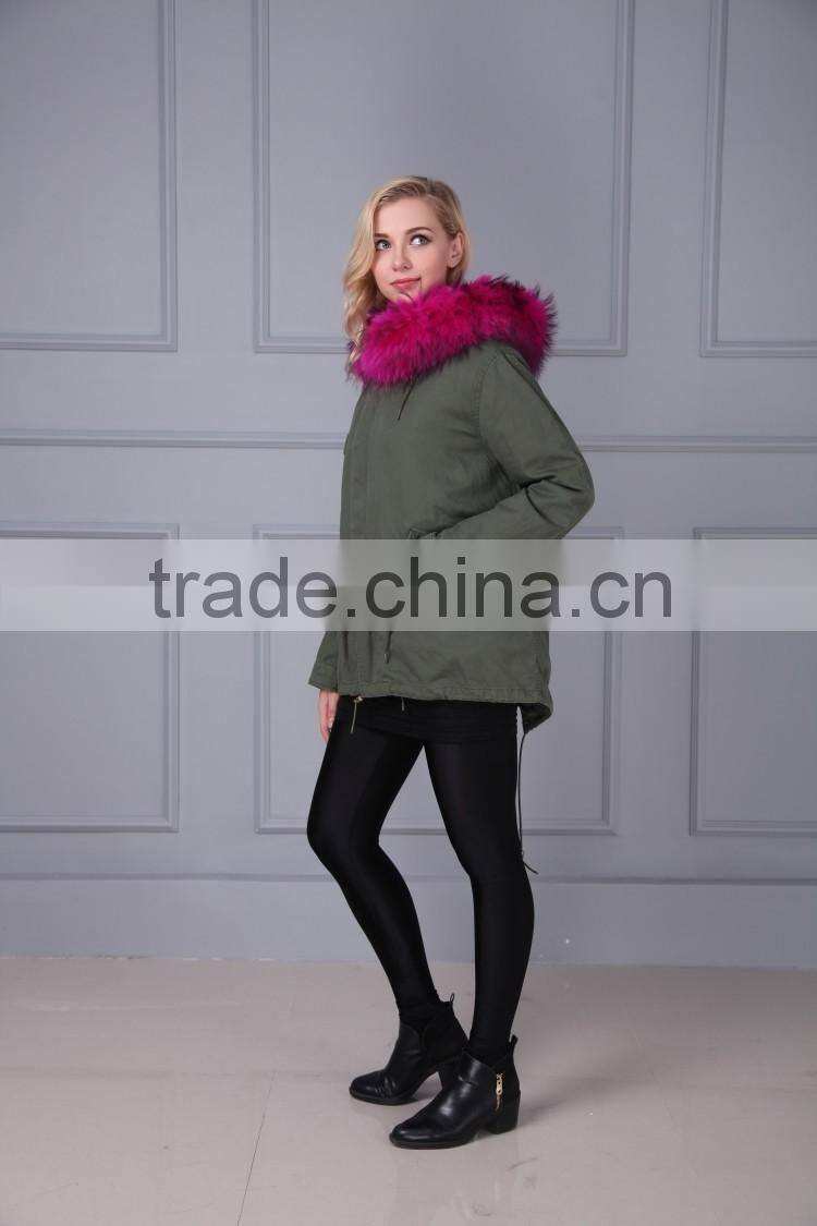 Women Detachable Raccoon Fur Collar Lined Fox Fur Hooded Parka