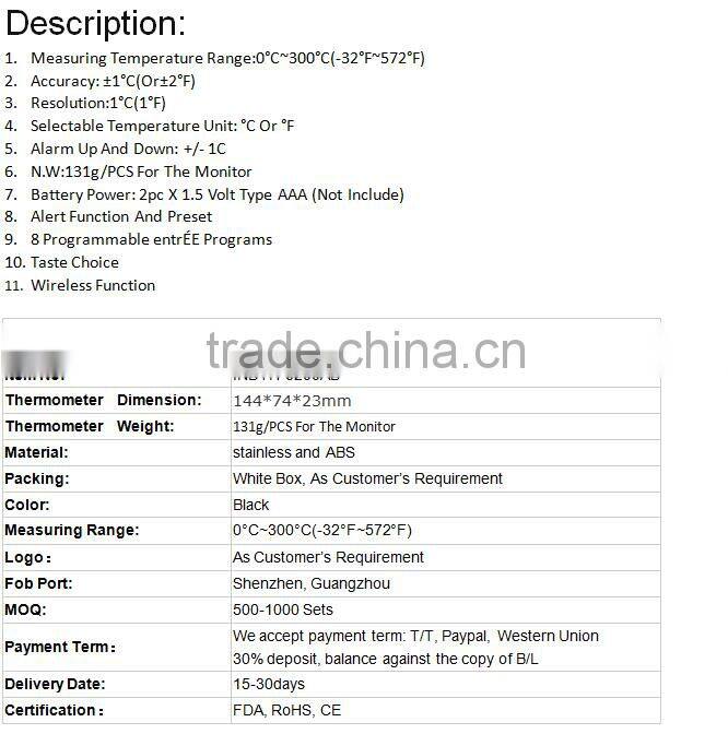 Range Wireless RF digital Meat BBQ Thermometer Food-grade 304 stainless steel , healthy and safe ,Wireless remote control