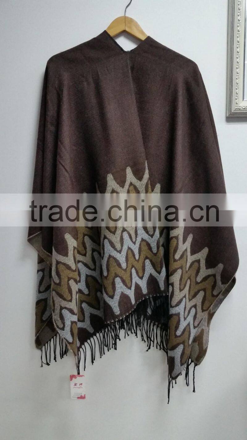 16PKP001 2016 lady's trendy zatec print woven striped acrylic poncho