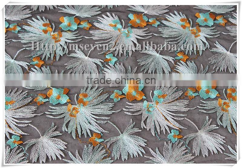 Top fashionable colorful leaves embroidered lace fabric dresses fabrics