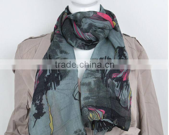 New Fashion Elegent Womens Begonia Flower Scarf Ink Style Long Cotton Neck Shawl Stole Wrap