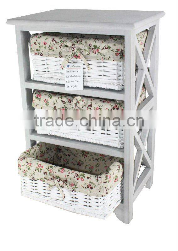 Wooden cabinet of 4 wicker drawers with liner