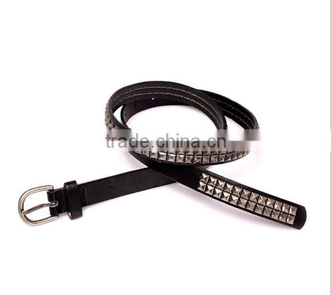 Wholesale double layer pyraid rivets decorated D buckle sex girl thin PU waist belt