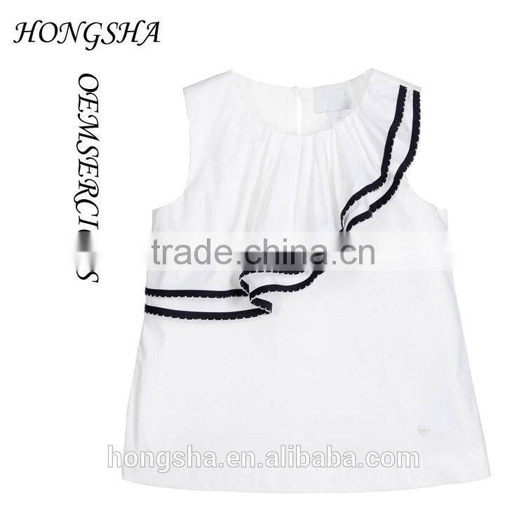 Fashion Baby Girls White & Navy Blue Ruffled Cotton Cutting Blouse Designs HST7741