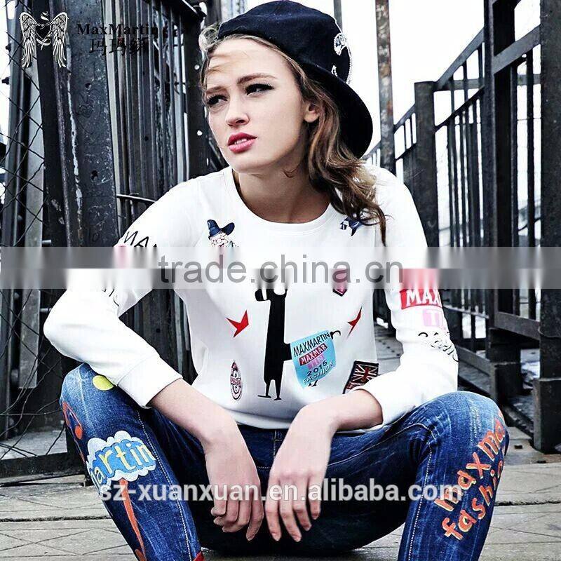 2016 fashion short pullover hoody with white cartoon printing for women