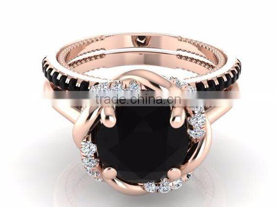 Charm fashion flower design sterling silver jewelry black diamond rose gold ring set