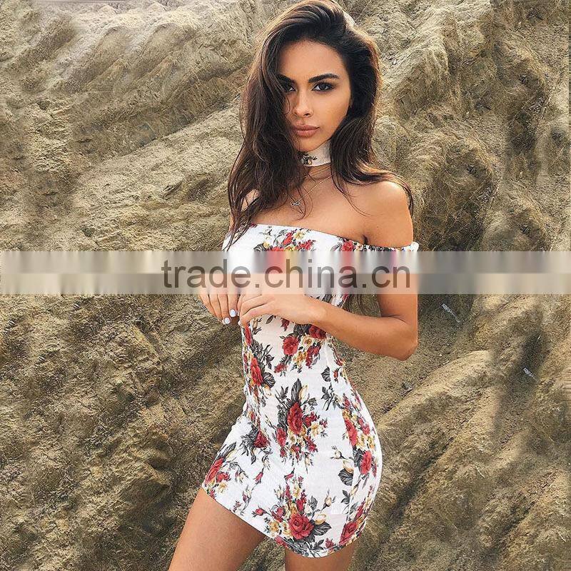 New Sexy Off Shoulder Dresses Women Summer Flowers Bodycon Party Dresses With Choker