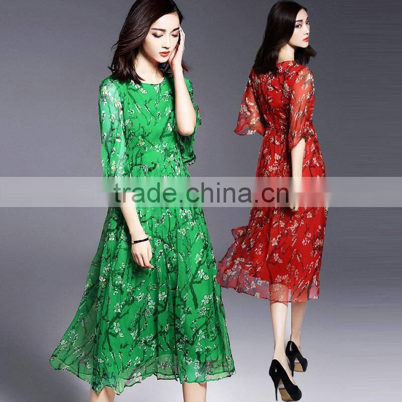 high quality real silk half sleeve round neck printed summer long dress latest dress designs