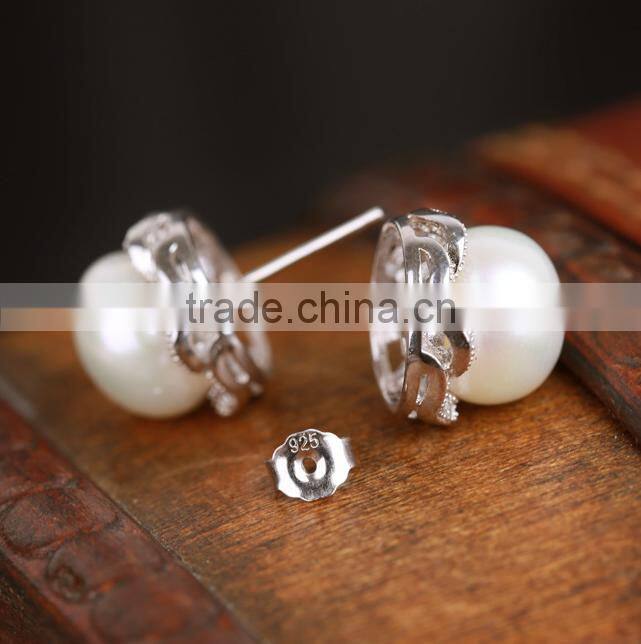 2016 New style real pearl earing Pearl Earring Studs Button Shape Natural pearl earing 925 sterling silver
