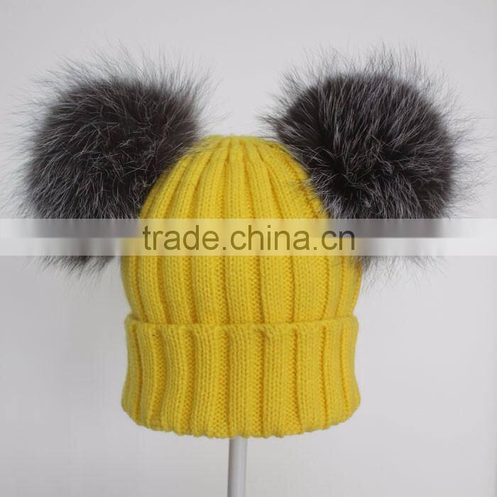 Myfur Yellow Color Wool Knitting Beanie Hat with Genuine Silver Fox Fur Pompoms