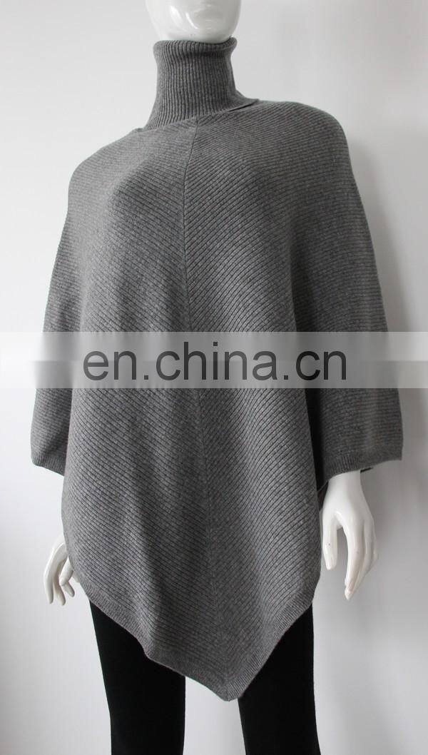 12gg rib knitted women's turtleneck cashmere ponchos