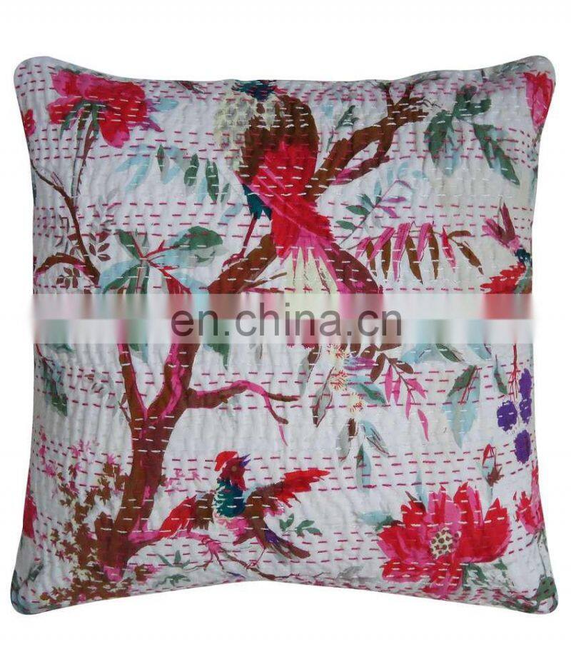 Indian Floral White Bird Print Kantha Cushion Cover Pillow Covers