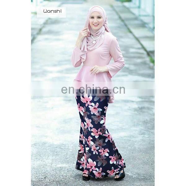 High quality women muslim dress fashion printed design elegant baju kurung peplum
