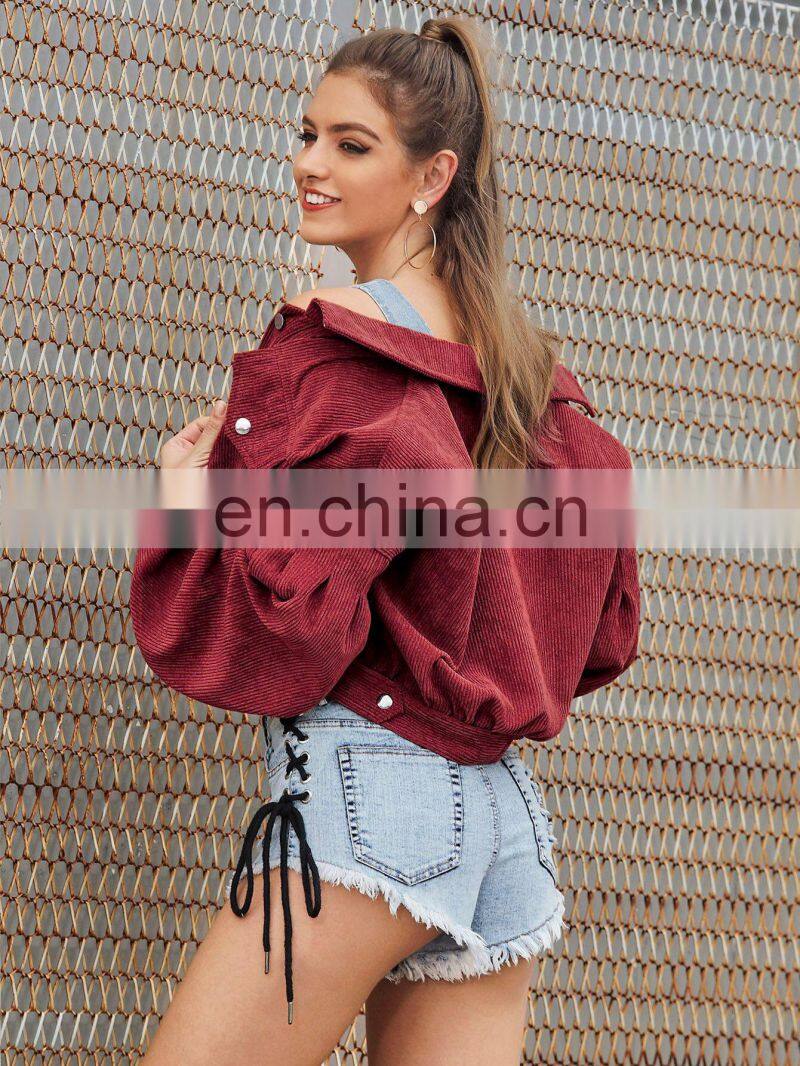 2020 loose solid color lantern sleeves waist short corduroy motorcycle jacket women