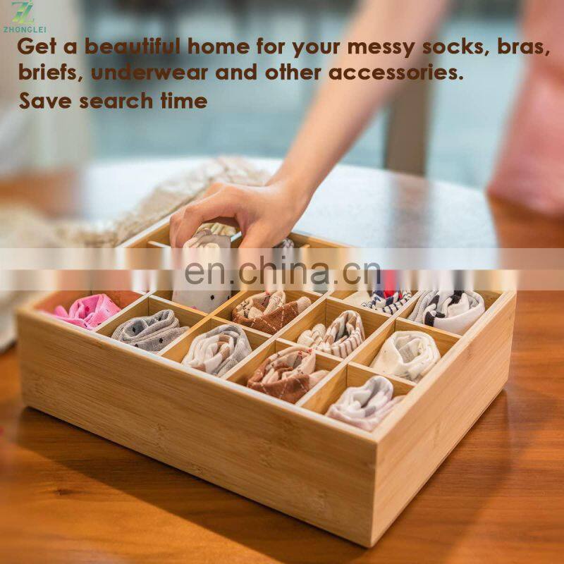 Closet Drawer Organizer,Drawer Divider and Storage Box for Ties Bras Briefs Socks, Compartments of 15, Bamboo