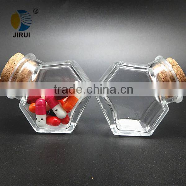 mini hexagon transparent glass food jar with cork