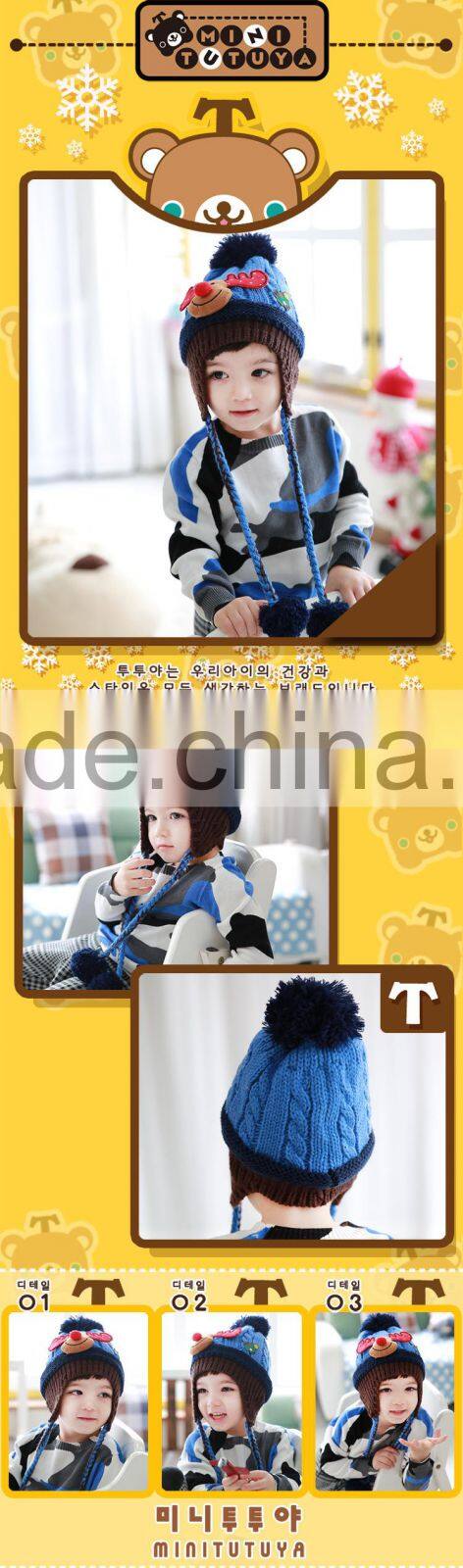 Newest Christmas Tree and Deer Head Applique Pigtail Pom Pom Baby Kids Knitting Winter Caps and Hats