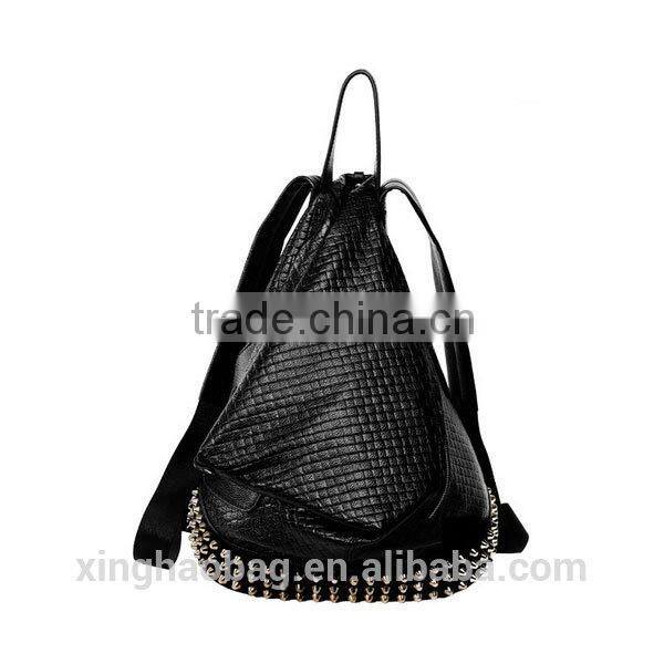 Hot selling fashionable triangle shaped leather backpack with rivet